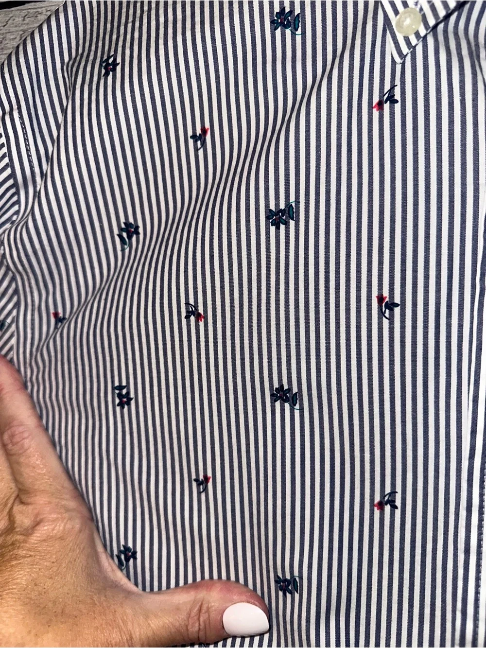 crown & ivy Navy and White Striped Button-Down with flower morif
